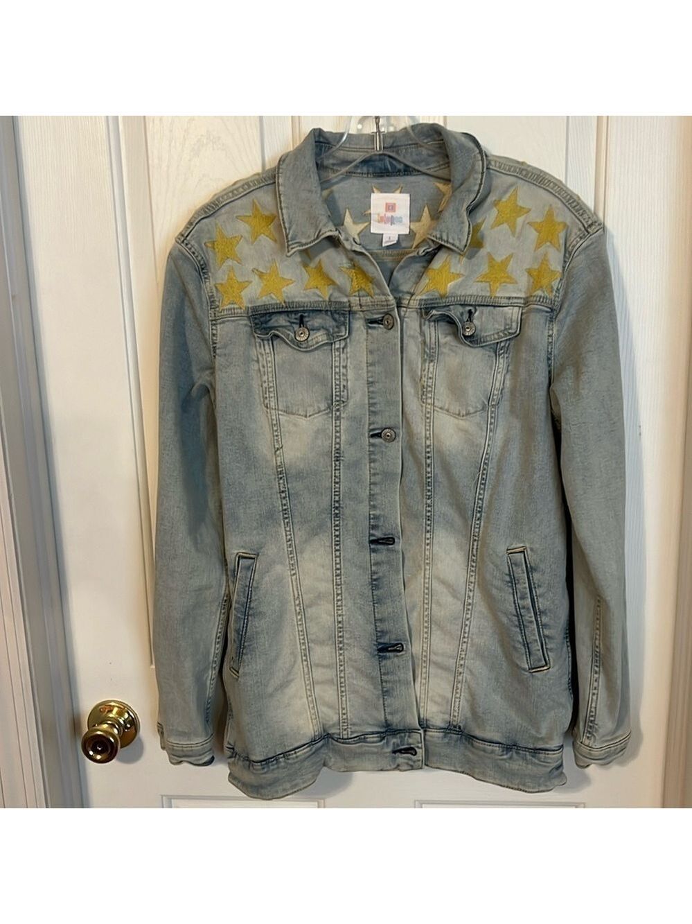 Lula Roe vintage denim embroidered jacket. Size L. Jean jacket. Gold stars